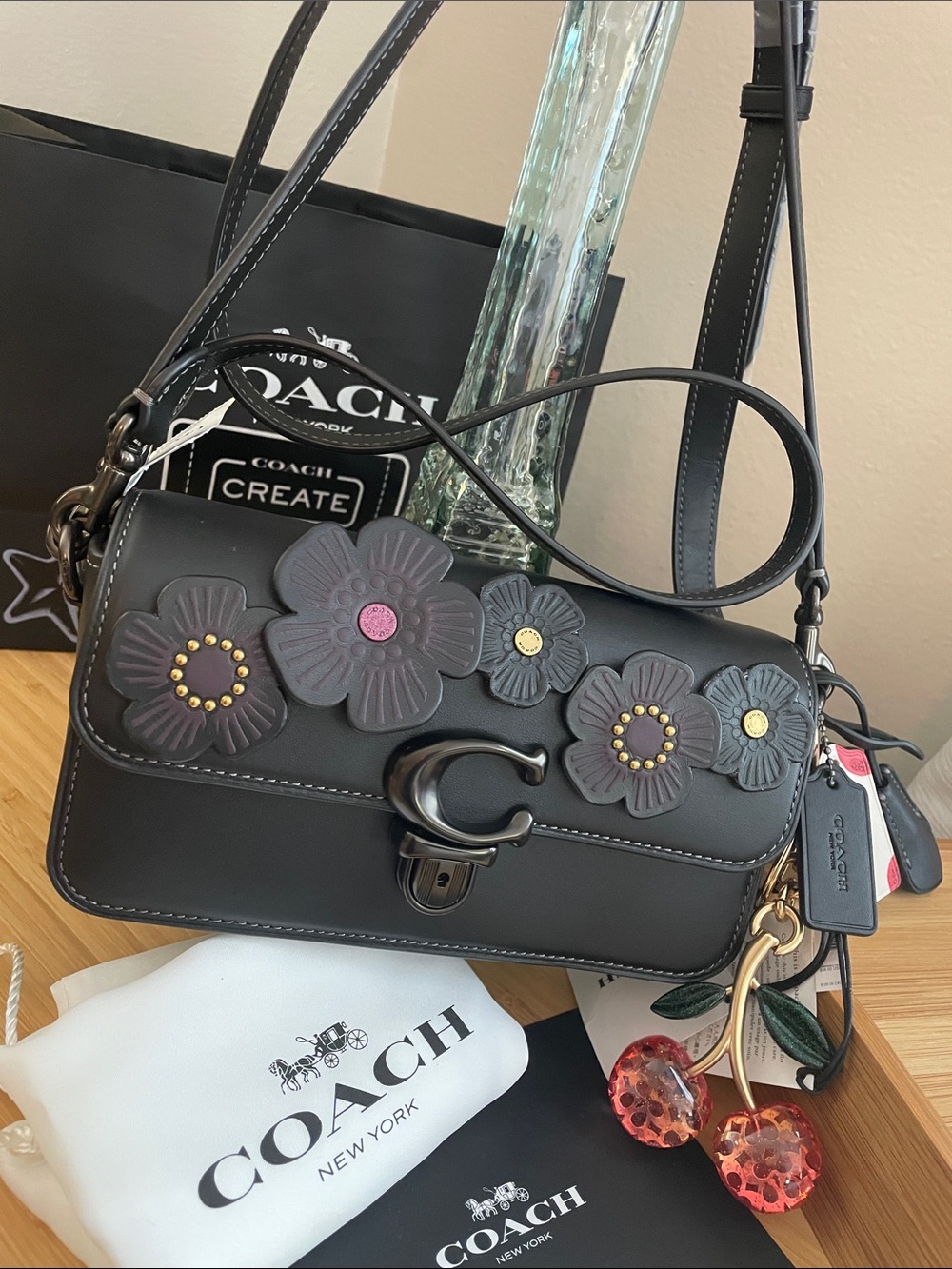 NWT Coach 5 Tea Rose Mini Baguette Bag, Coach Pink Cherry Charm & Cherry Hangtag - Picture 4 of 17